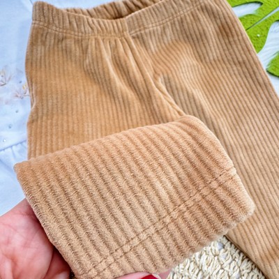 Conj. Colete, Blusa Ursinha de Crocê e Calça de Veludo Canelado - Areia